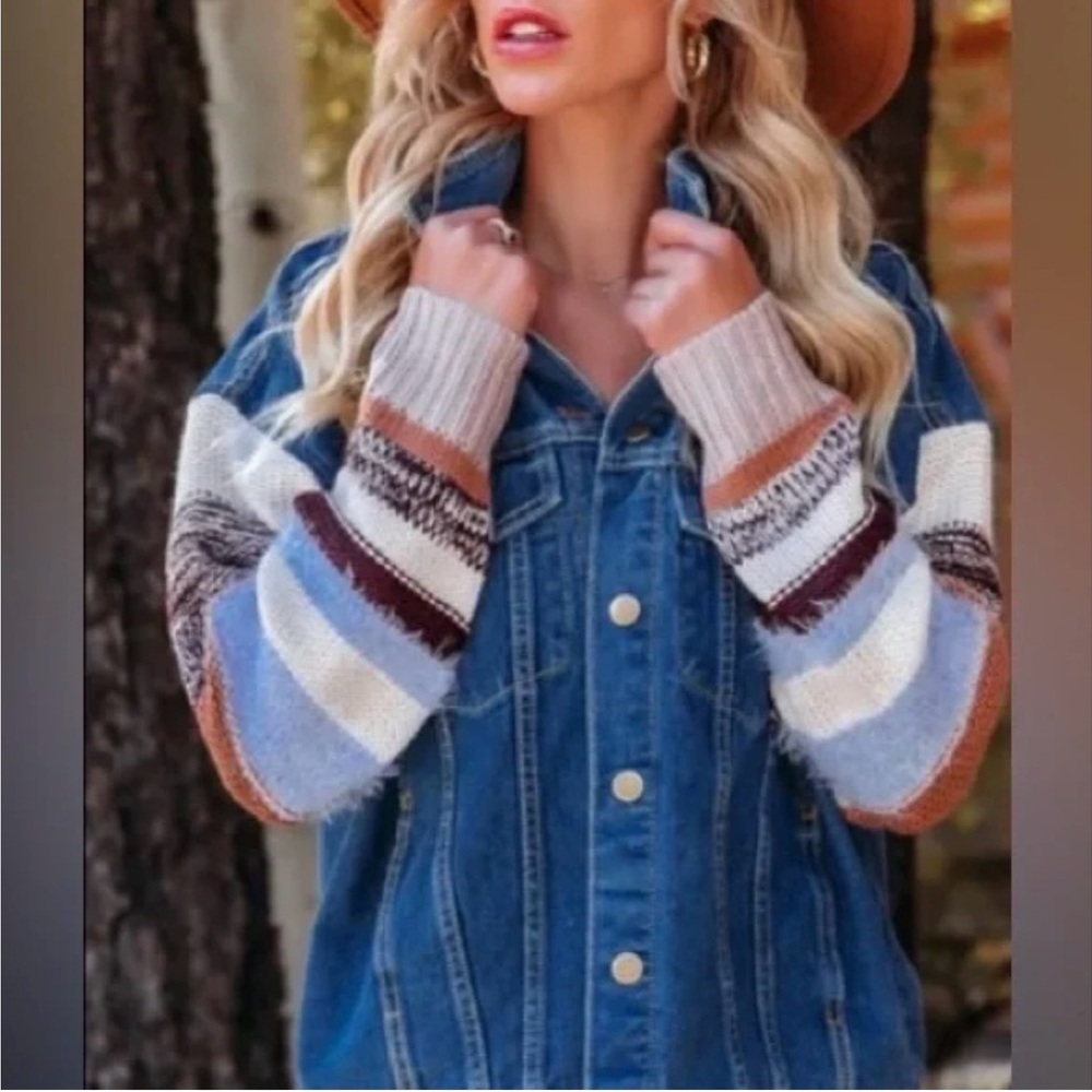 FATE Denim Jacket w/ Multicolor Fuzzy Knit Sleeves